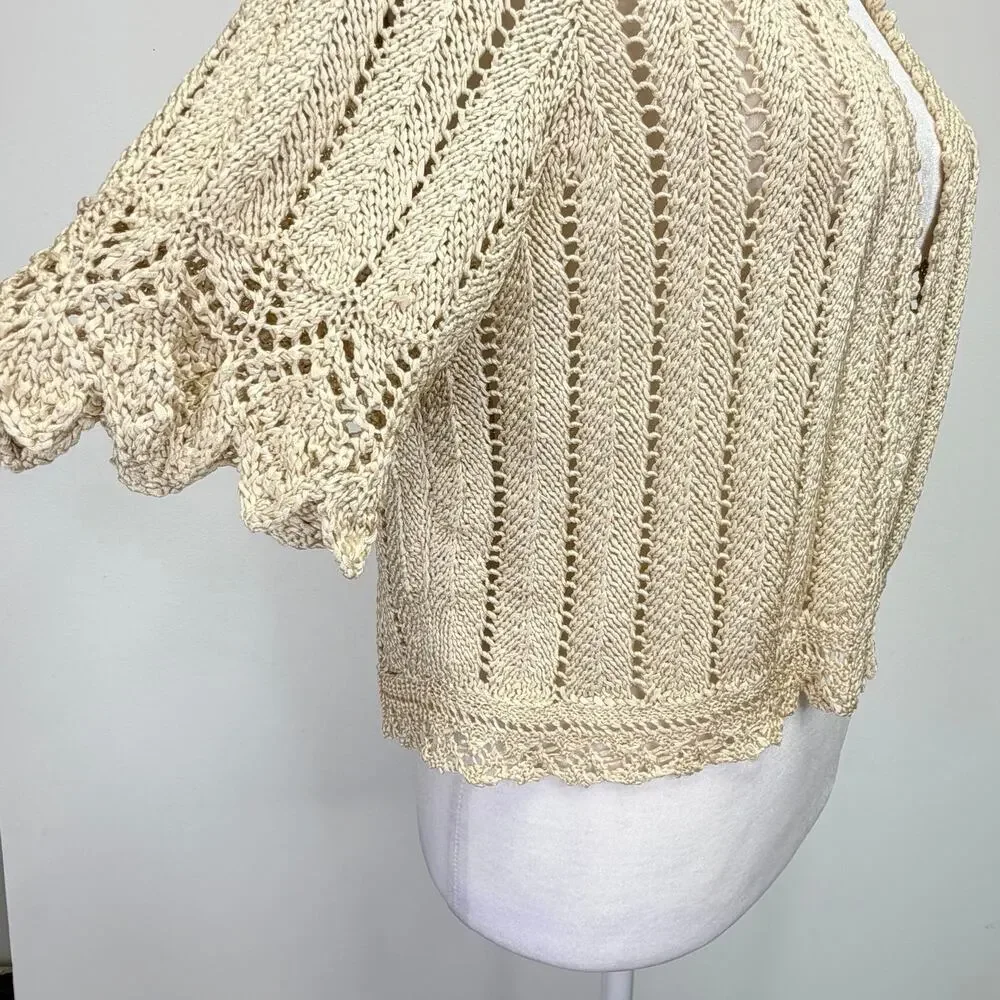 RALPH LAUREN Silk Crochet Cardigan Open Front Beige Womens L Cottagecore Boho - Picture 3 of 8